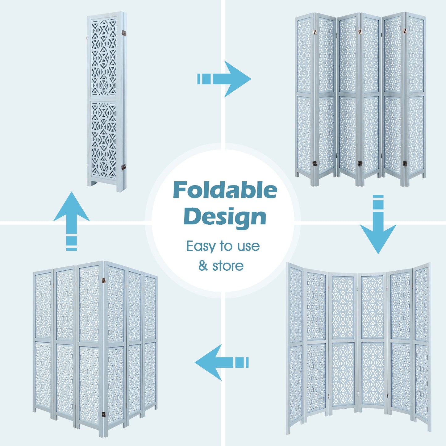 6 Panel Boho Wooden Room Divider with Intricate Carved Cutout Design & Solid Wood Frame