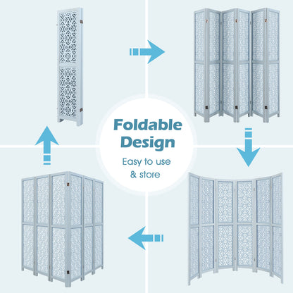 6 Panel Boho Wooden Room Divider with Intricate Carved Cutout Design & Solid Wood Frame