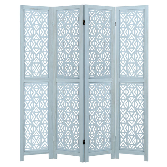 4 Panel Boho Wooden Room Divider with Intricate Carved Cutout Design & Solid Wood Frame