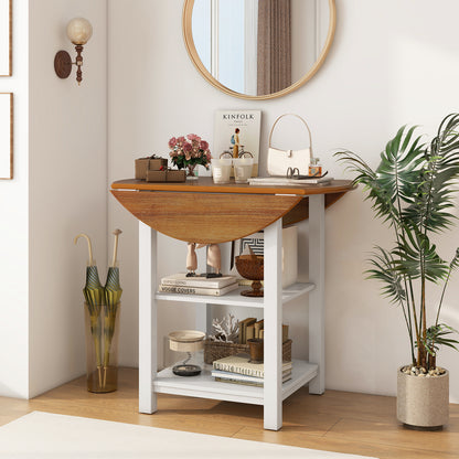 Expandable Round Dining Table with Dual Drop Leaves and Storage Shelves for Compact Spaces