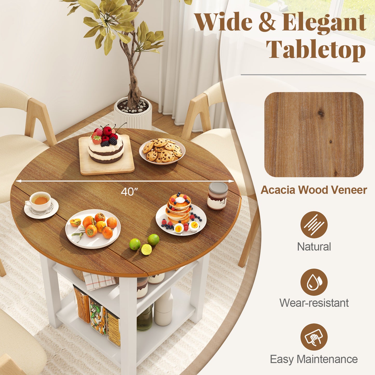 Expandable Round Dining Table with Dual Drop Leaves and Storage Shelves for Compact Spaces