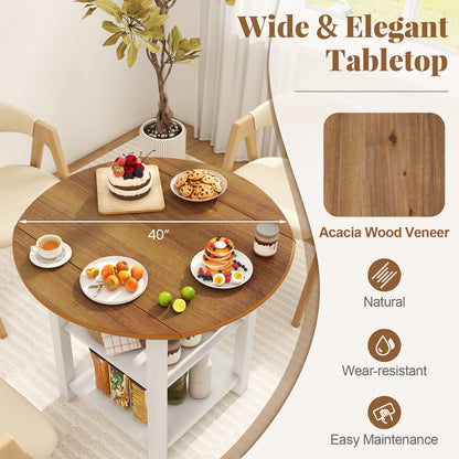 Expandable Round Dining Table with Dual Drop Leaves and Storage Shelves for Compact Spaces