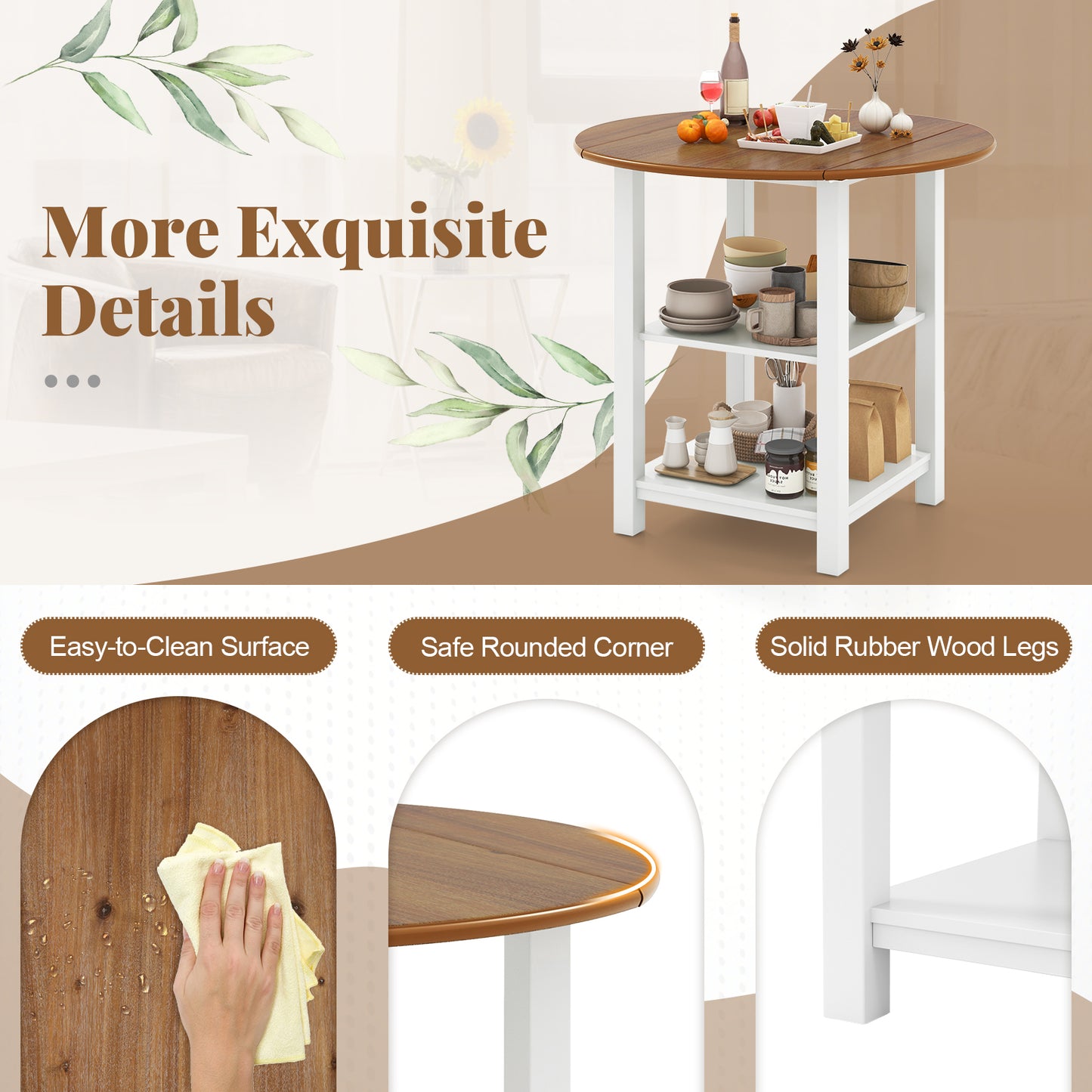 Expandable Round Dining Table with Dual Drop Leaves and Storage Shelves for Compact Spaces