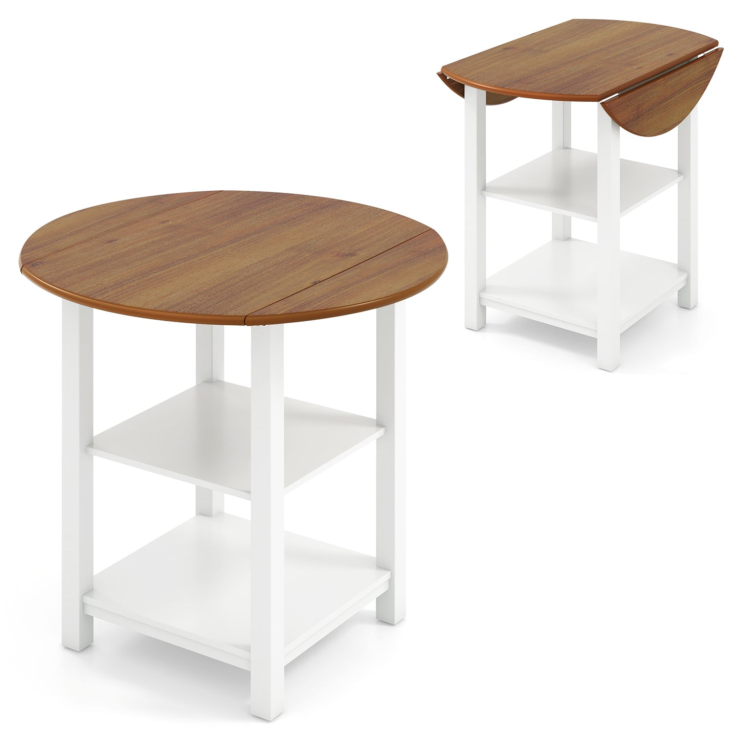 Expandable Round Dining Table with Dual Drop Leaves and Storage Shelves for Compact Spaces
