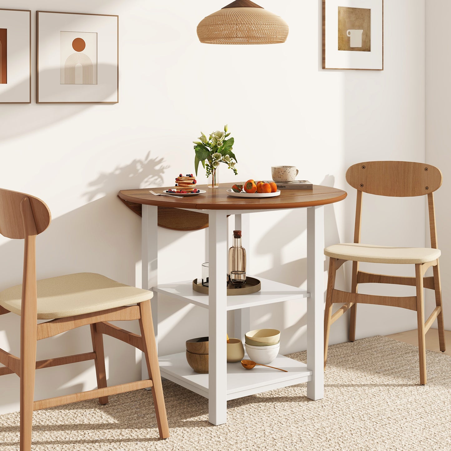 Expandable Round Dining Table with Dual Drop Leaves and Storage Shelves for Compact Spaces