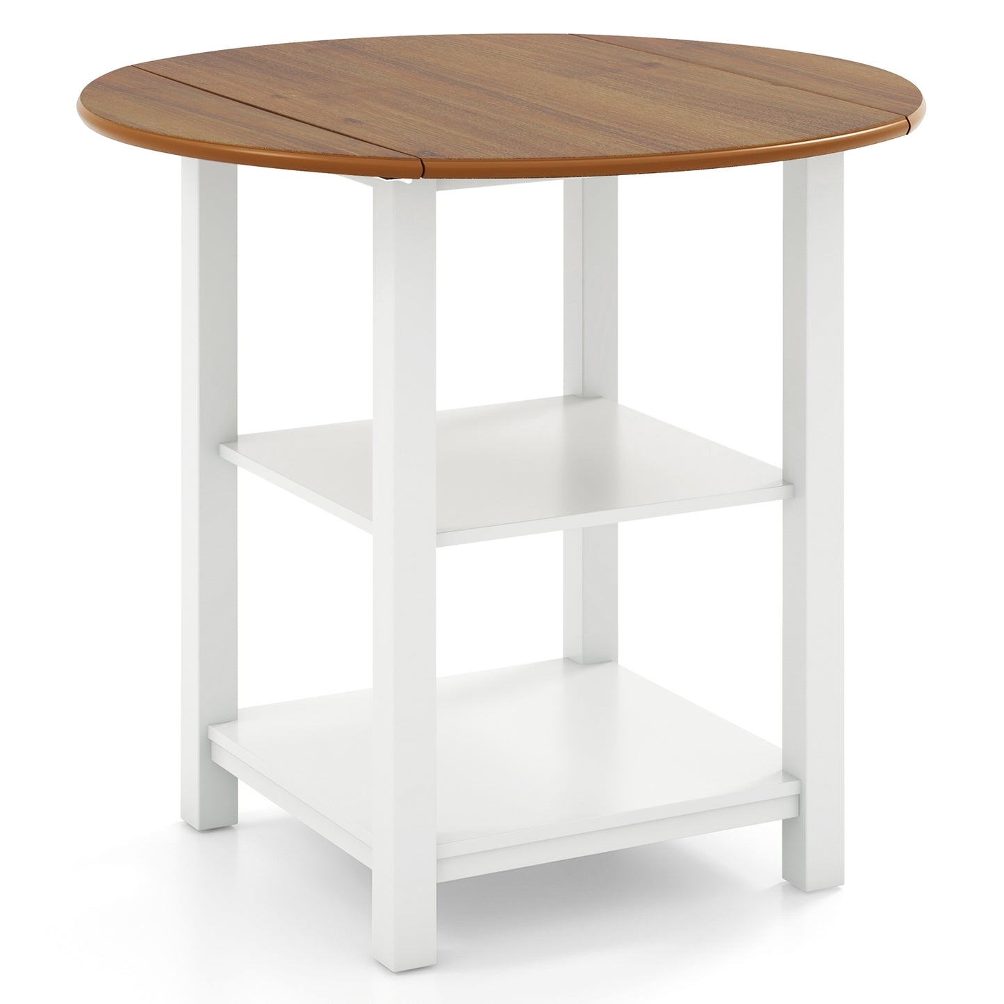 Expandable Round Dining Table with Dual Drop Leaves and Storage Shelves for Compact Spaces