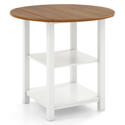 Expandable Round Dining Table with Dual Drop Leaves and Storage Shelves for Compact Spaces