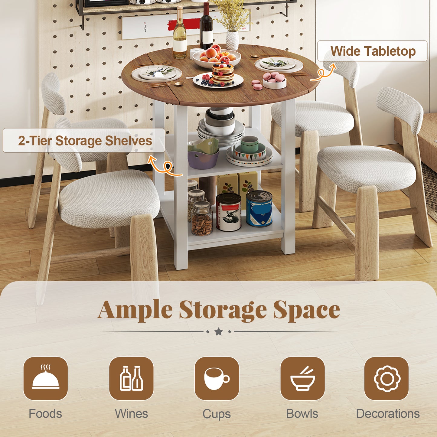 Expandable Round Dining Table with Dual Drop Leaves and Storage Shelves for Compact Spaces