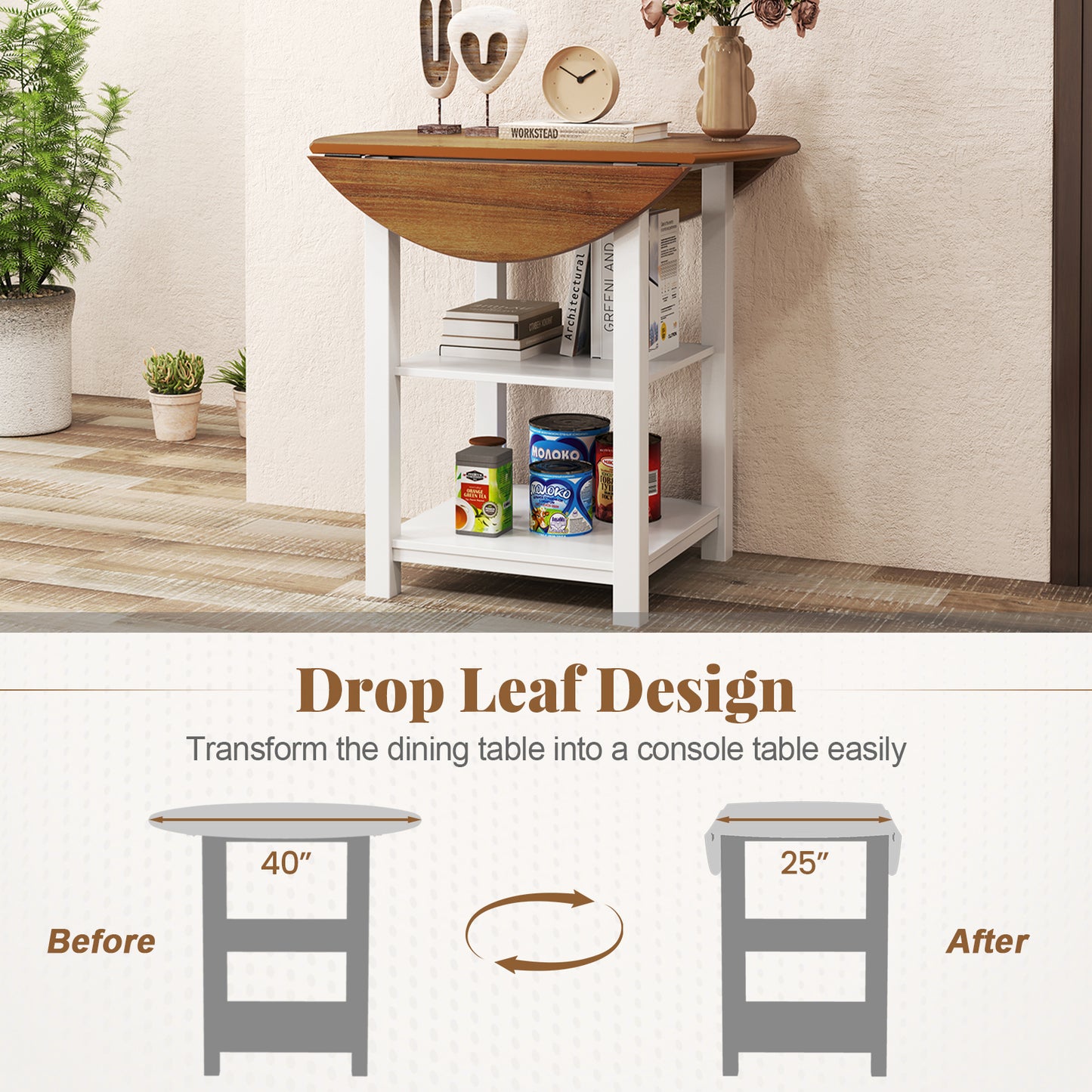 Expandable Round Dining Table with Dual Drop Leaves and Storage Shelves for Compact Spaces