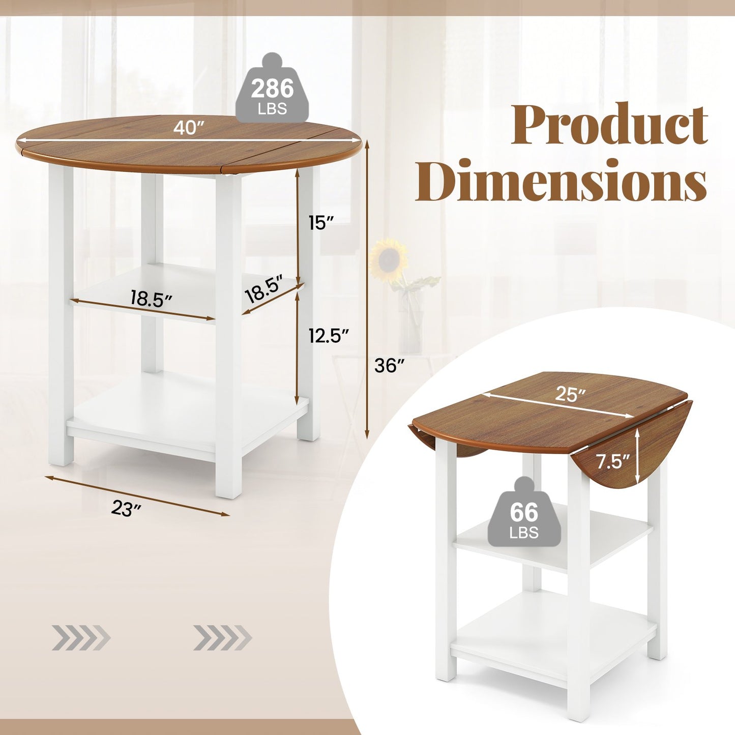 Expandable Round Dining Table with Dual Drop Leaves and Storage Shelves for Compact Spaces