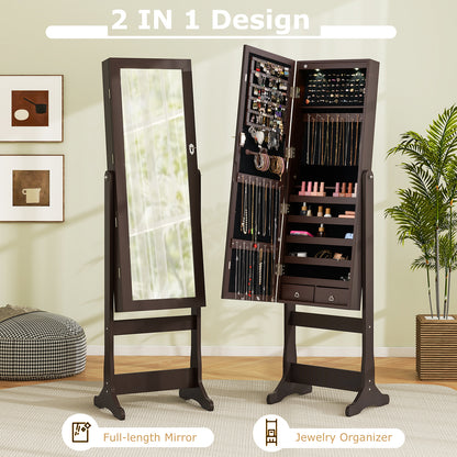 Wooden Standing Jewelry Cabinet with Mirror, LED Lights and Lockable Door