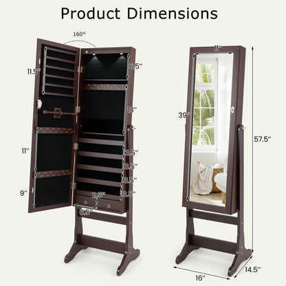 Wooden Standing Jewelry Cabinet with Mirror, LED Lights and Lockable Door