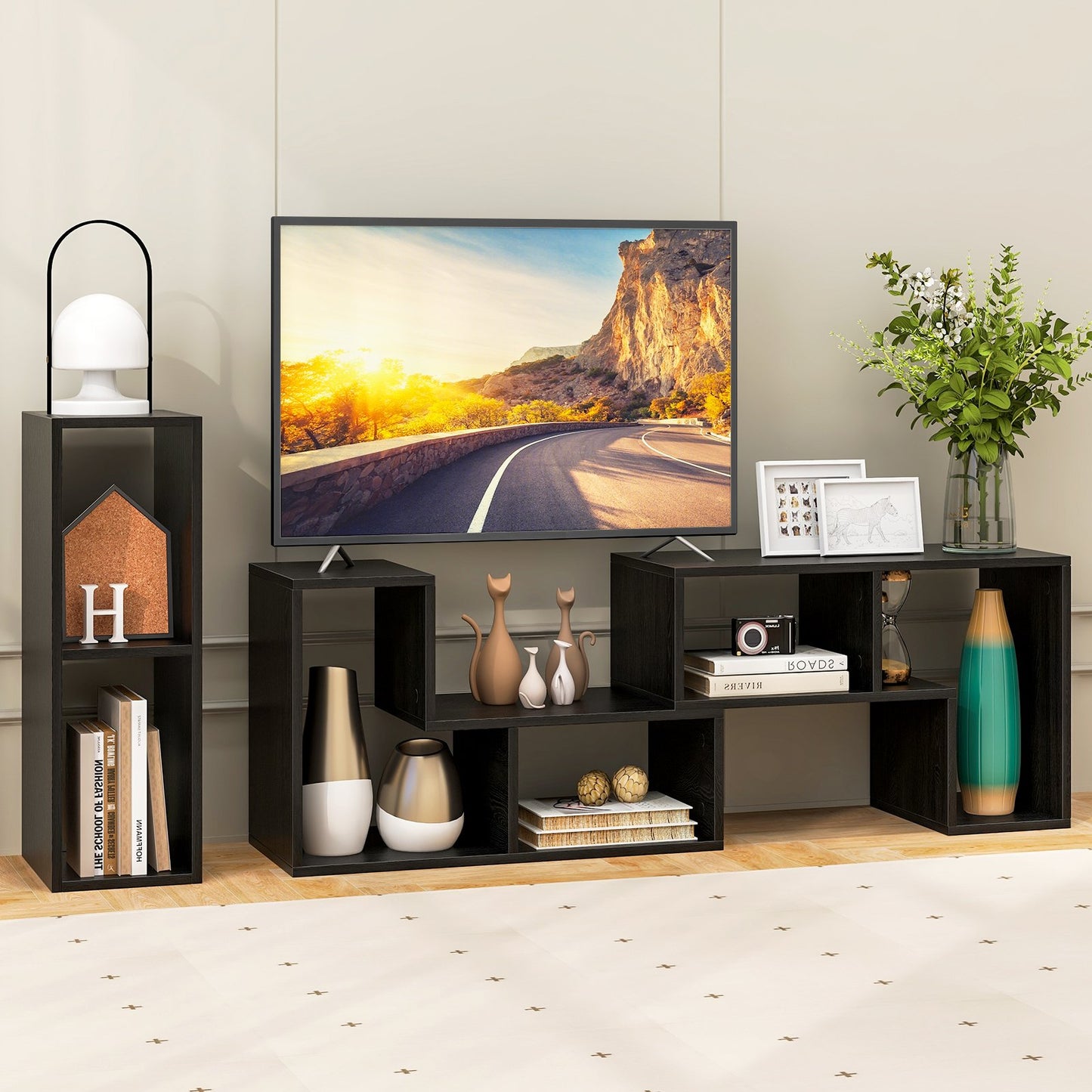 Adjustable 3-Piece TV Console with Shelves for TVs up to 65 Inch in Black Wood Grain Finish
