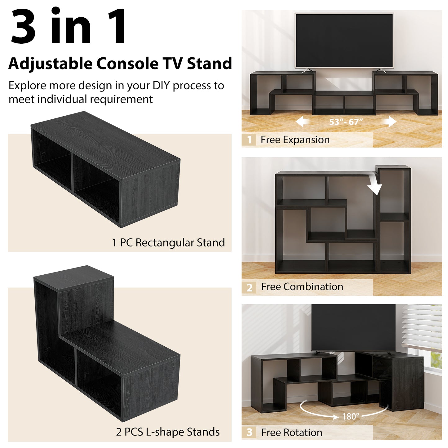 Adjustable 3-Piece TV Console with Shelves for TVs up to 65 Inch in Black Wood Grain Finish