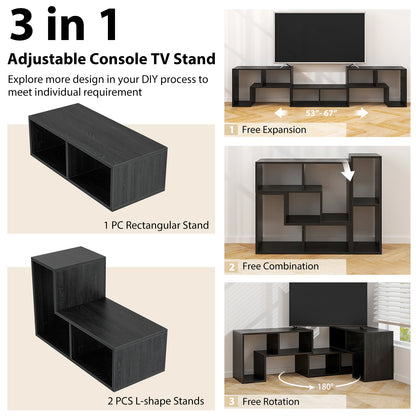 Adjustable 3-Piece TV Console with Shelves for TVs up to 65 Inch in Black Wood Grain Finish
