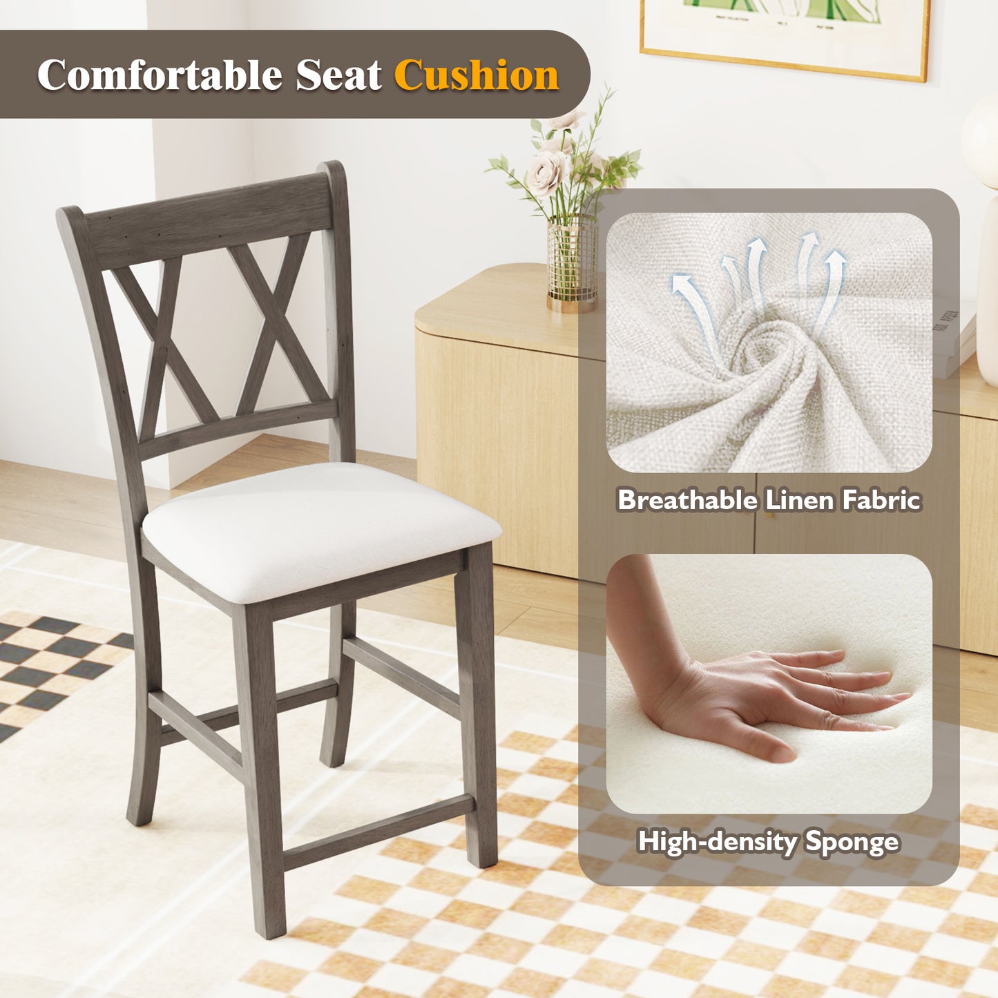 2-Piece Bar Stool Set with Cross Backrest and Linen Upholstered Cushioned Seats