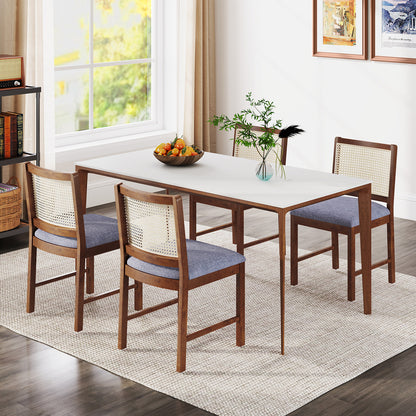 Elegant Rattan Dining Chairs with Rubber Wood Frame and Linen Upholstered Cushions Set of 2