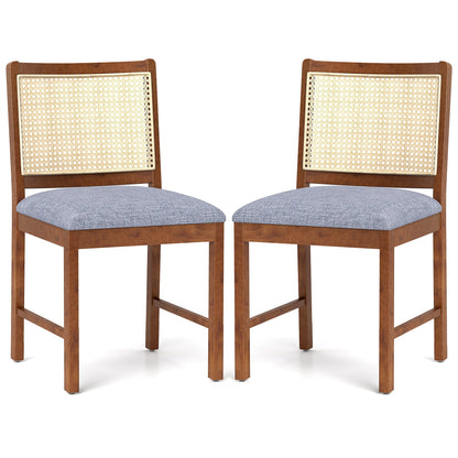 Elegant Rattan Dining Chairs with Rubber Wood Frame and Linen Upholstered Cushions Set of 2