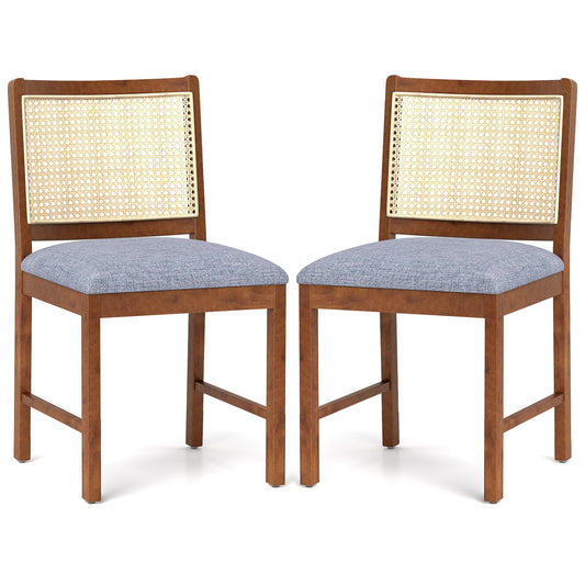 Elegant Rattan Dining Chairs with Rubber Wood Frame and Linen Upholstered Cushions Set of 2