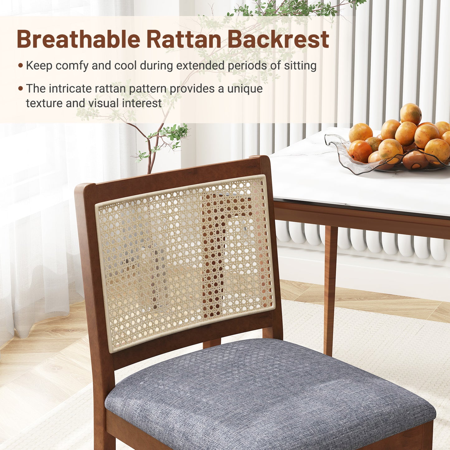 Elegant Rattan Dining Chairs with Rubber Wood Frame and Linen Upholstered Cushions Set of 2