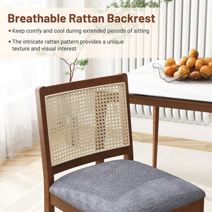 Elegant Rattan Dining Chairs with Rubber Wood Frame and Linen Upholstered Cushions Set of 2