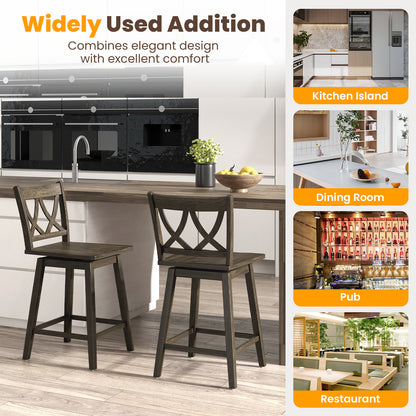 Wooden Bar Stool Set of 2 with Durable Rubber Wood Frame and Swivel Seat - 24 Inch