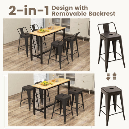Set of 4 Stackable 24 Inch Metal Cafe Chairs with Removable Backs and Rubber Feet in Gunmetal
