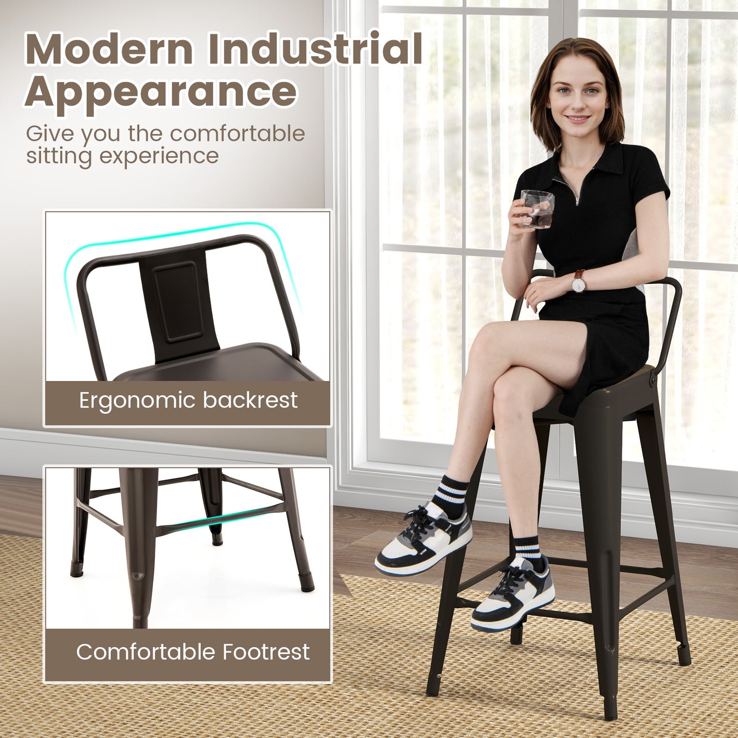 Set of 4 Stackable 24 Inch Metal Cafe Chairs with Removable Backs and Rubber Feet in Gunmetal