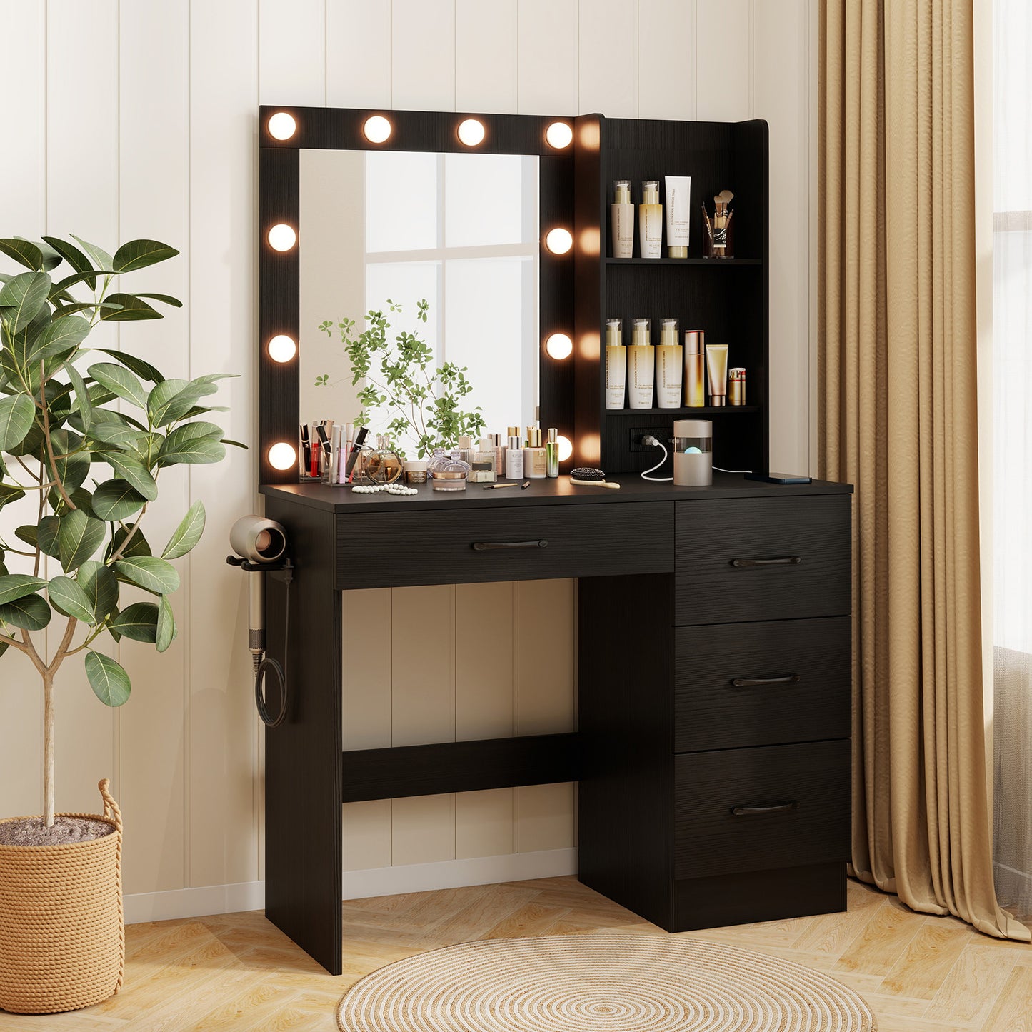 Black Makeup Vanity with Mirror, Adjustable LED Lights, Charging Ports, and Storage Drawers