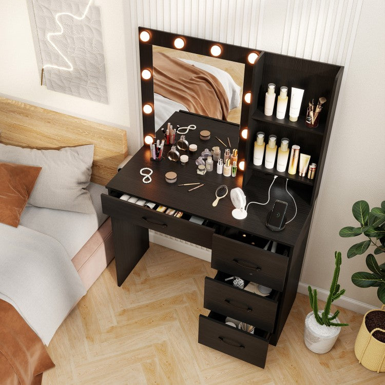 Black Makeup Vanity with Mirror, Adjustable LED Lights, Charging Ports, and Storage Drawers