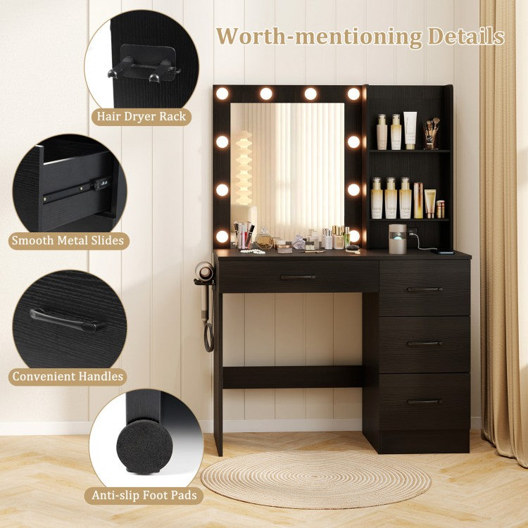 Black Makeup Vanity with Mirror, Adjustable LED Lights, Charging Ports, and Storage Drawers