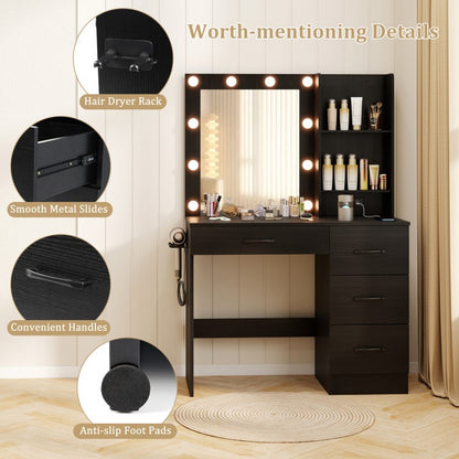Black Makeup Vanity with Mirror, Adjustable LED Lights, Charging Ports, and Storage Drawers