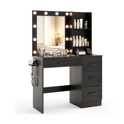 Black Makeup Vanity with Mirror, Adjustable LED Lights, Charging Ports, and Storage Drawers