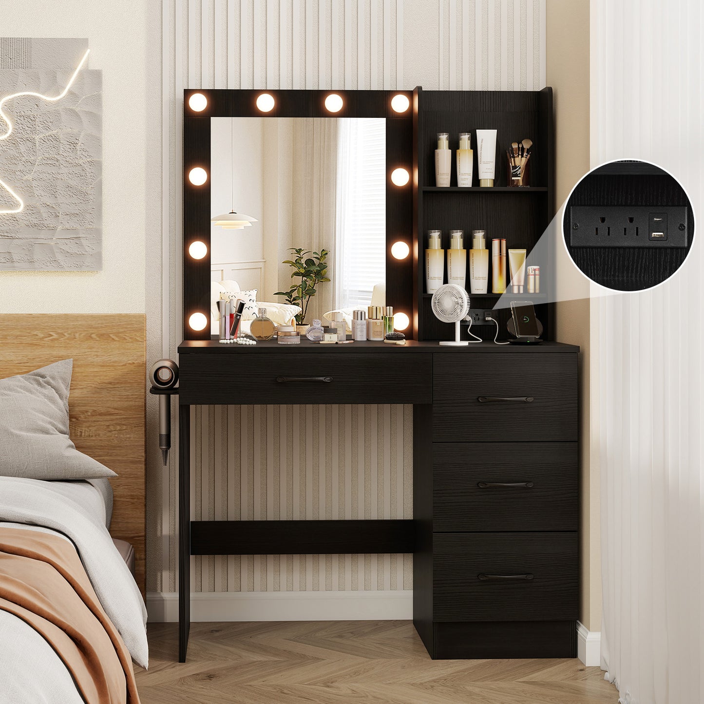 Black Makeup Vanity with Mirror, Adjustable LED Lights, Charging Ports, and Storage Drawers