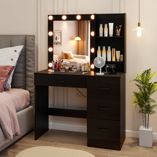 Black Makeup Vanity with Mirror, Adjustable LED Lights, Charging Ports, and Storage Drawers