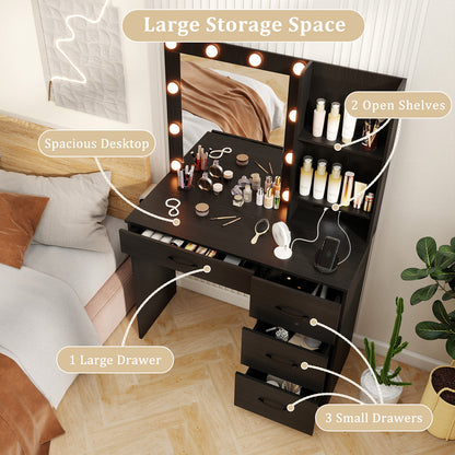 Black Makeup Vanity with Mirror, Adjustable LED Lights, Charging Ports, and Storage Drawers