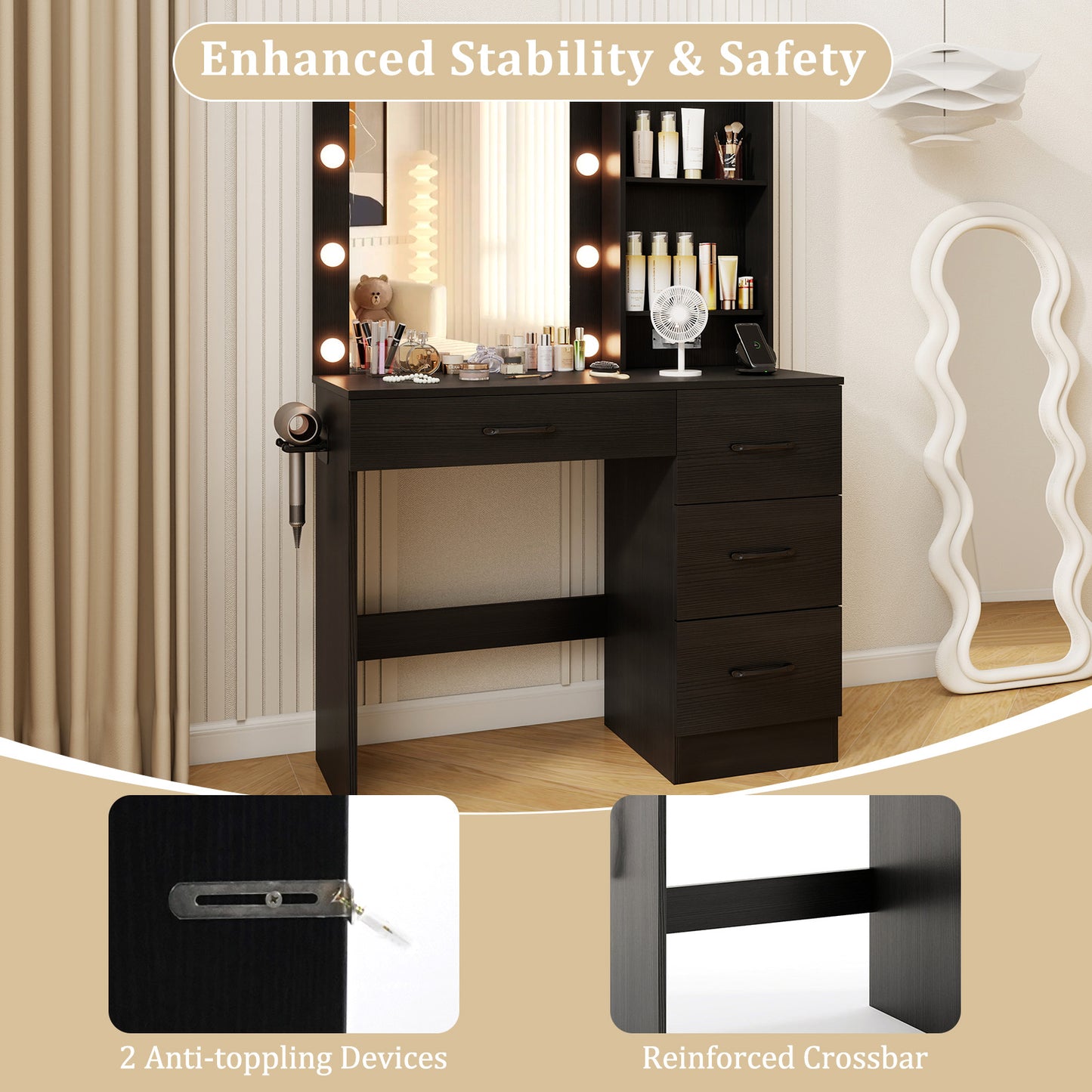 Black Makeup Vanity with Mirror, Adjustable LED Lights, Charging Ports, and Storage Drawers