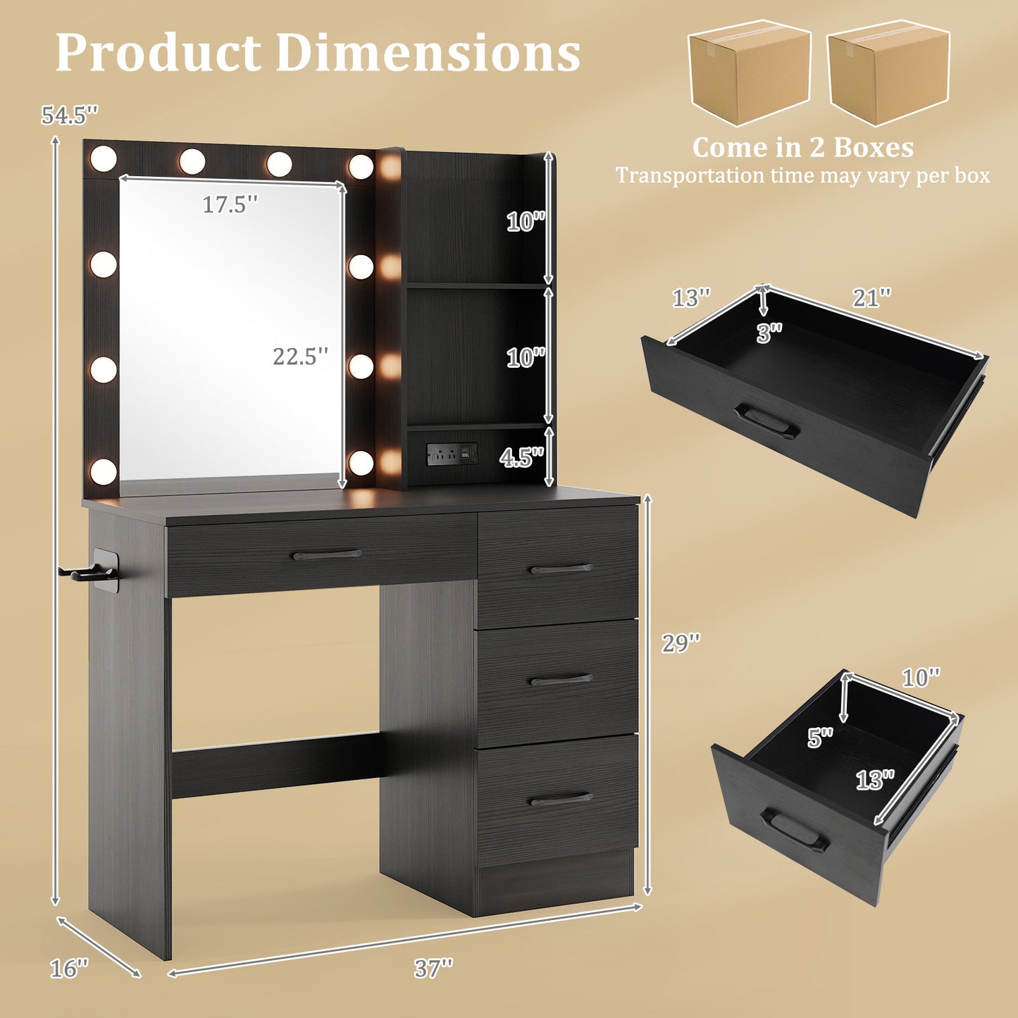 Black Makeup Vanity with Mirror, Adjustable LED Lights, Charging Ports, and Storage Drawers