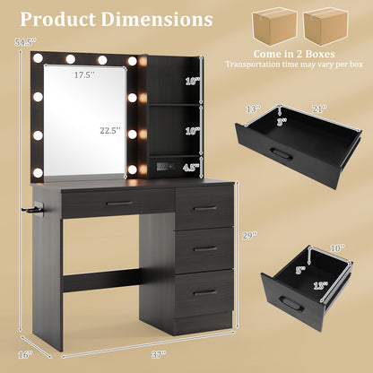 Black Makeup Vanity with Mirror, Adjustable LED Lights, Charging Ports, and Storage Drawers