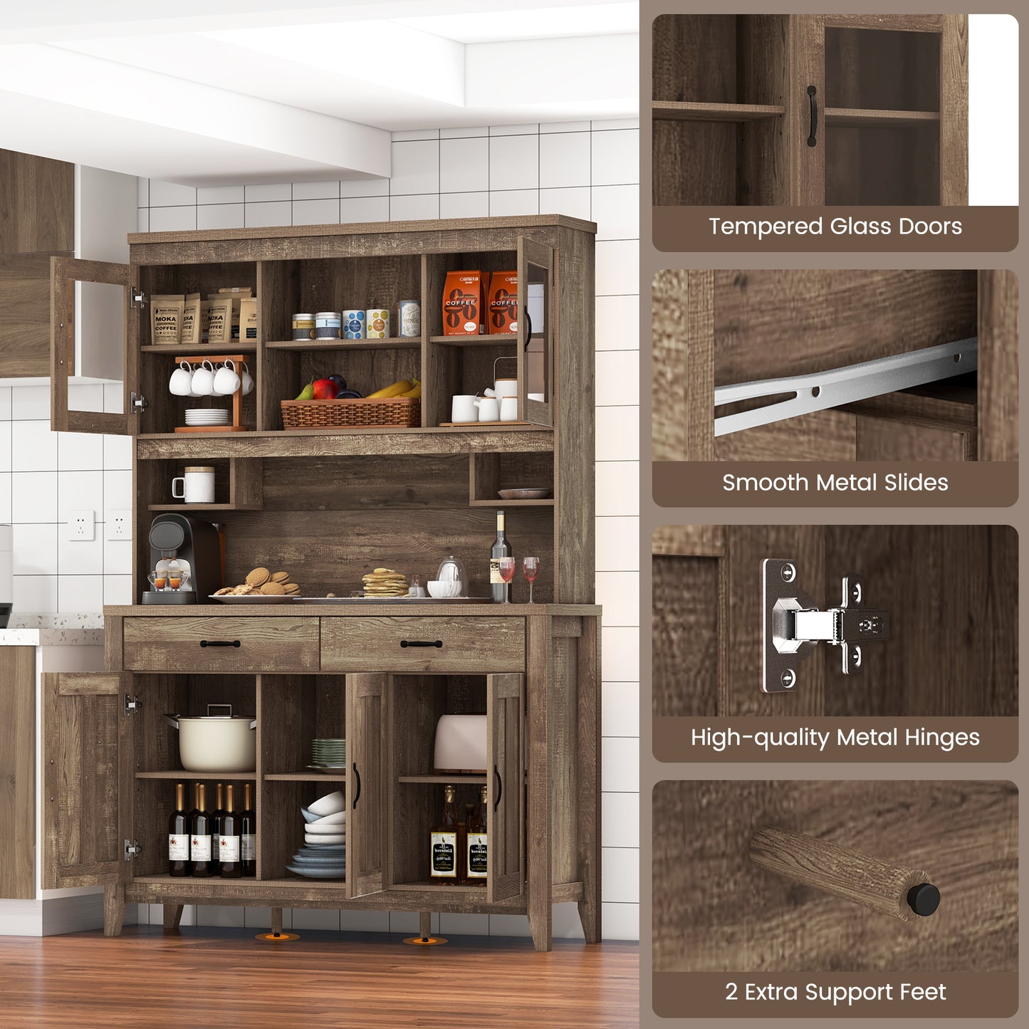 Freestanding Kitchen Hutch Cabinet with Spacious Microwave Countertop and Adjustable Shelves