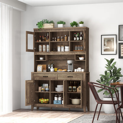 Freestanding Kitchen Hutch Cabinet with Spacious Microwave Countertop and Adjustable Shelves