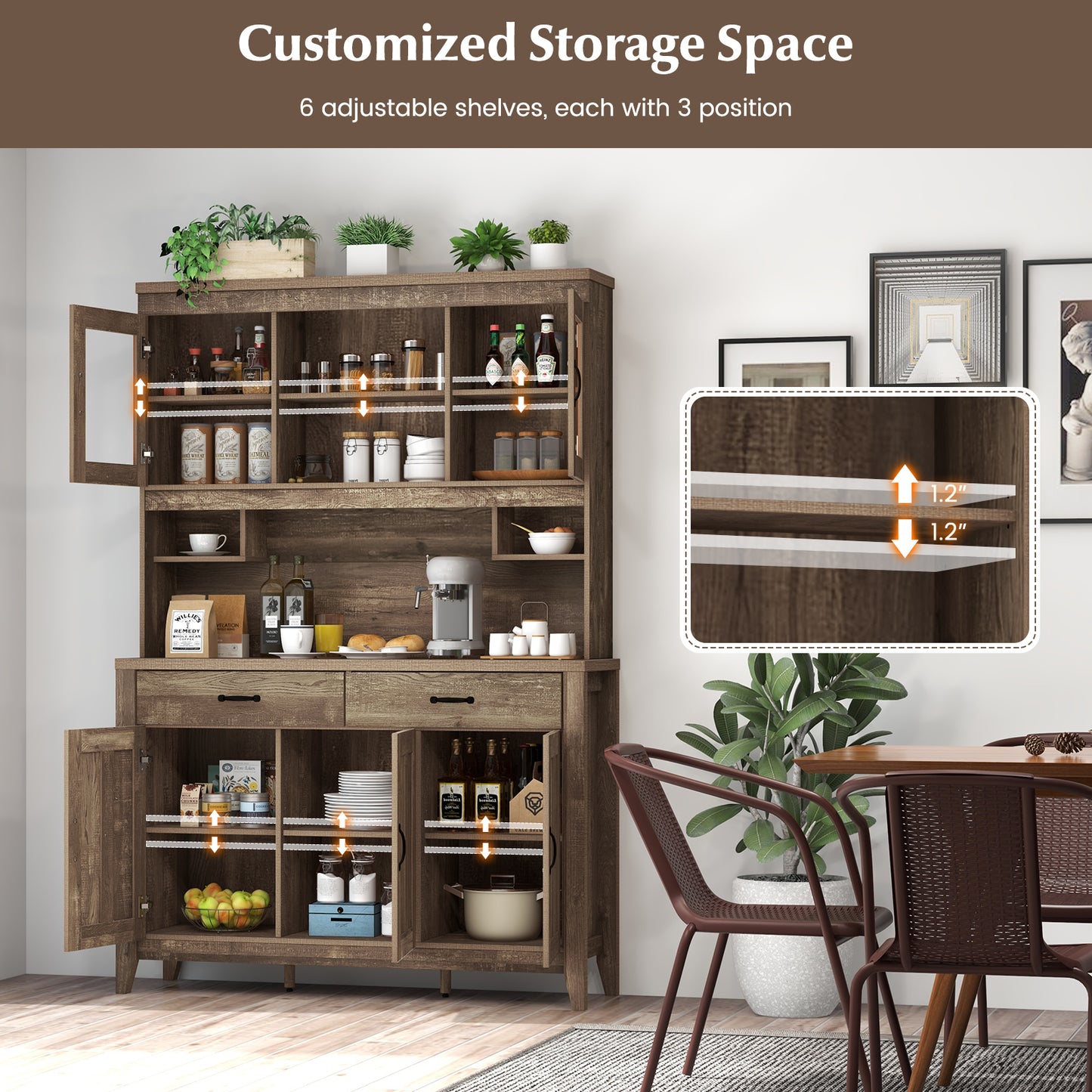 Freestanding Kitchen Hutch Cabinet with Spacious Microwave Countertop and Adjustable Shelves