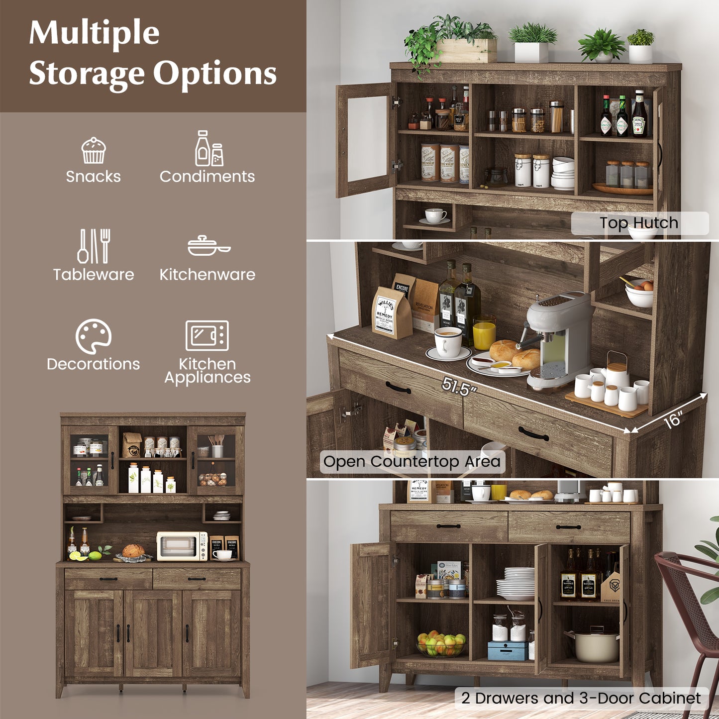 Freestanding Kitchen Hutch Cabinet with Spacious Microwave Countertop and Adjustable Shelves