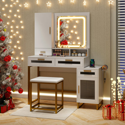 LED Lighted Makeup Vanity with Drawers & Cushioned Stool