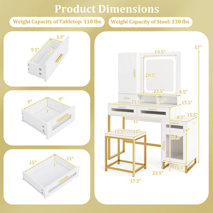 LED Lighted Makeup Vanity with Drawers & Cushioned Stool
