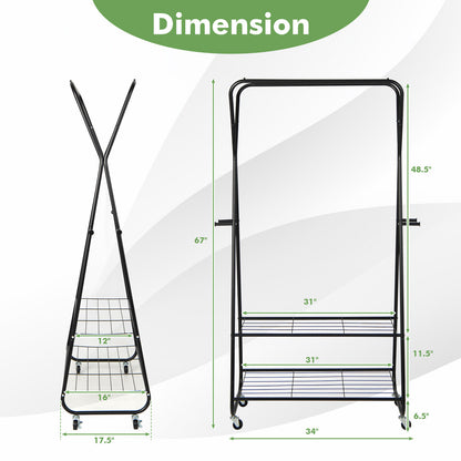 Rolling Heavy Duty Clothes Rack with Shelves and Hanging Rods
