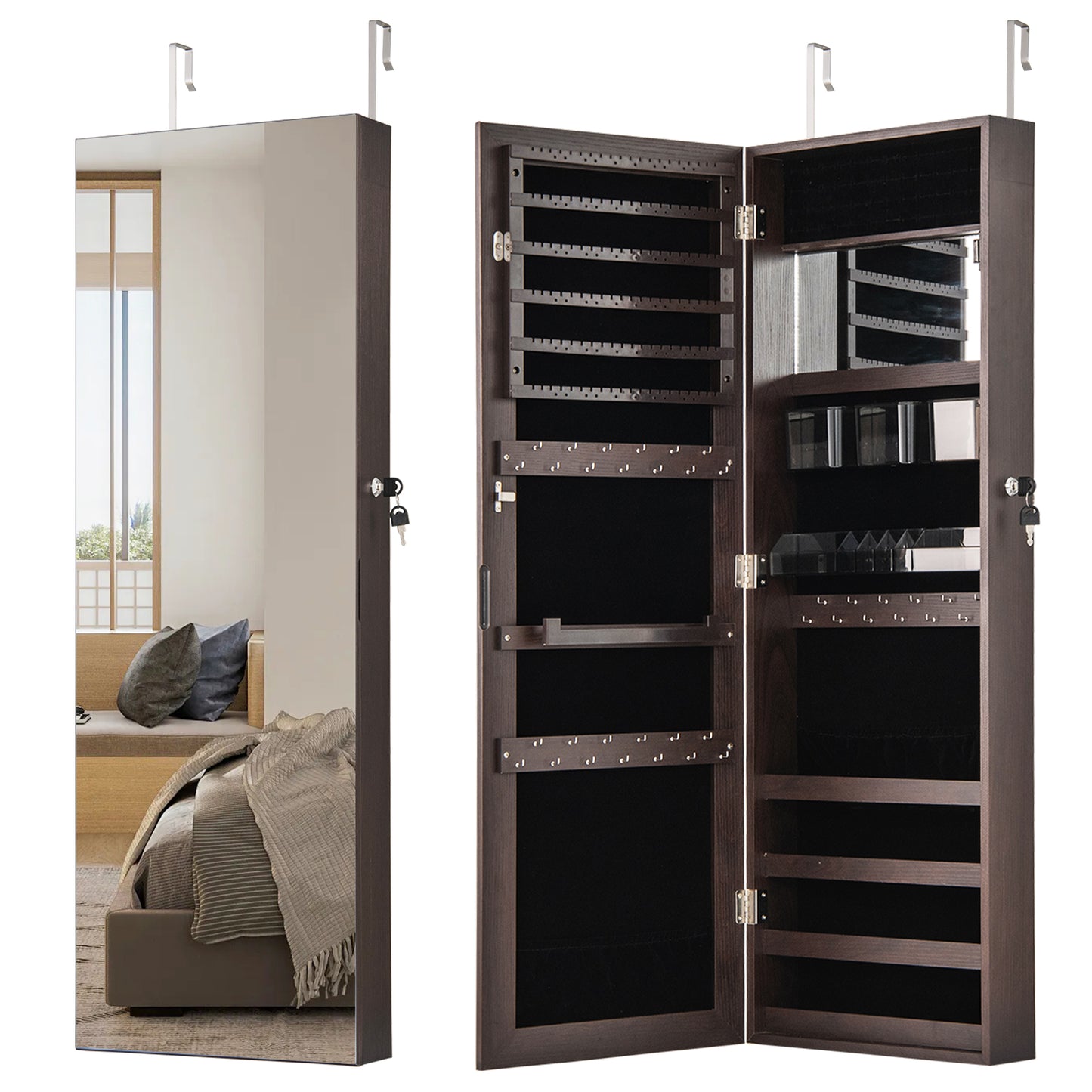 43.5 Inch Jewelry Mirror Cabinet with Full-Length Mirror, Adjustable Hangers, Lockable Storage – Dark Brown