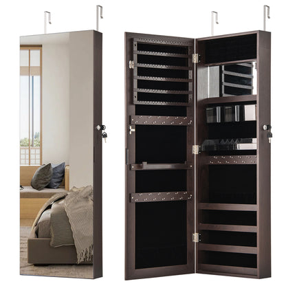 43.5 Inch Jewelry Mirror Cabinet with Full-Length Mirror, Adjustable Hangers, Lockable Storage – Dark Brown