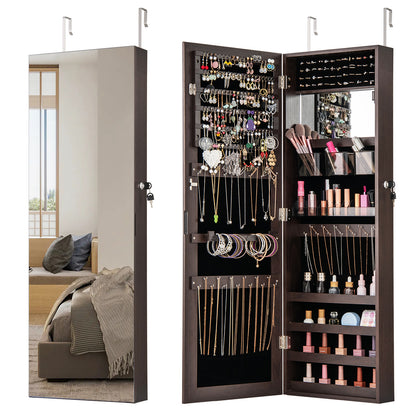 43.5 Inch Jewelry Mirror Cabinet with Full-Length Mirror, Adjustable Hangers, Lockable Storage – Dark Brown