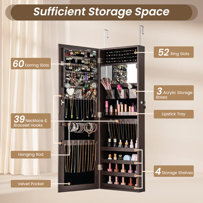 43.5 Inch Jewelry Mirror Cabinet with Full-Length Mirror, Adjustable Hangers, Lockable Storage – Dark Brown